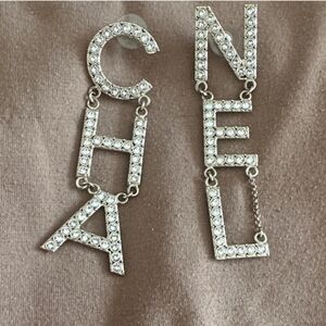 CHANEL Silver Crystal Letter Earrings